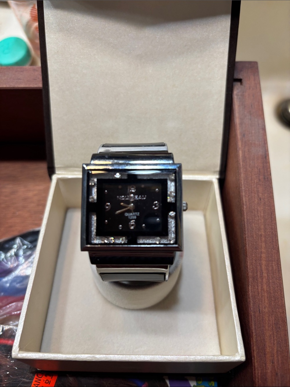 Vintage Nouveau Women’s Black Square Crystal stainless steel back cuff watch